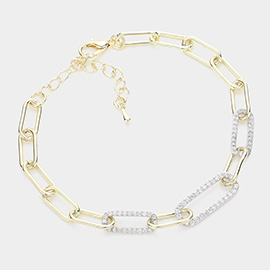 14K Gold Plated CZ Stone Paved Two Tone Link Chain Bracelet