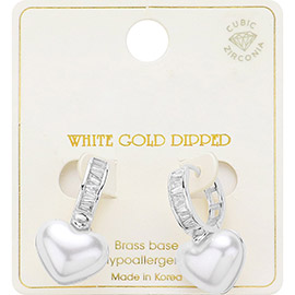 White Gold Dipped CZ Stone Paved Heart Pearl Dangle Huggie Earrings