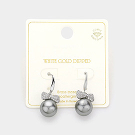 White Gold Dipped CZ Paved Bow Pearl Drop Earrings