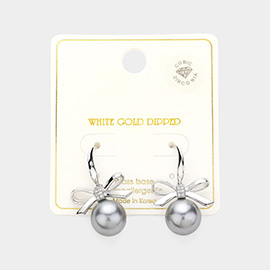 White Gold Dipped CZ Stone Paved Ribbon Pearl Drop Earrings