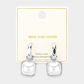 White Gold Dipped Square Pearl Drop Dangle Earrings
