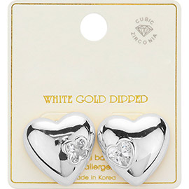 White Gold Dipped CZ Stone Pointed Dream Heart Stud Earrings