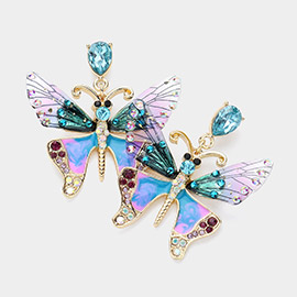 Rhinestone Embellished Enamel Translucent Butterfly Dangle Earrings