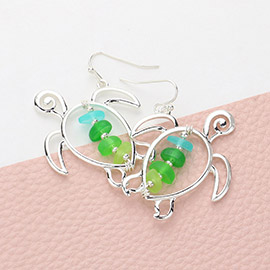 Bean Beads Accented Metal Wire Sea Turtle Dangle Earrings