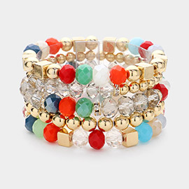 5PCS - Faceted Beads Metal Ball Beaded Multi Layered Stretch Bracelets