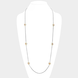 14K Gold Plated Two Tone Stone Paved Circle Pendant Station Long Necklace