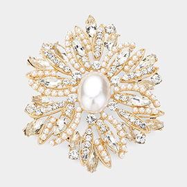 Pearl Pointed Rhinestone Paved Flower Pin Brooch