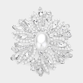 Pearl Pointed Rhinestone Paved Flower Pin Brooch