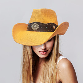 Vintage Metal Western Flower Pointed Genuine Leather Straw Cowboy Hat