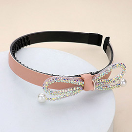 Bling Studded Pearl Tip Bow Accented Headband