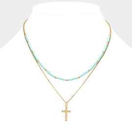 Metal Ball Cross Pendant Seed Beaded Double Layered Necklace
