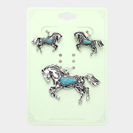 Turquoise Stone Pointed Western Horse Pendant Set