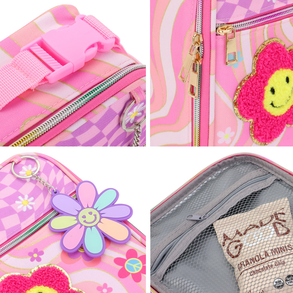 Hot Focus Groovy Flower Insulated Water Repellent Lunch Bag With Fun Keychain