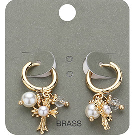 Pearl Cross Charm Dangle Huggie Hoop Earrings