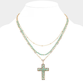 Faceted Beaded Metal Paper Clip Chain Layered Cross Pendant Necklace