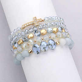 5PCS - Stone Paved Cross Pendant Pointed Faceted Beaded Multi Layered Bracelets