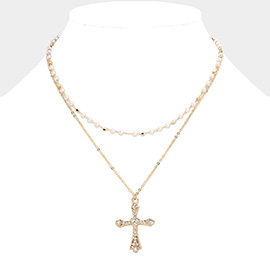 Stone Paved Cross Pendant Pearl Double Layered Necklace
