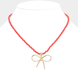 Faceted Beaded Brass Metal Wire Bow Pendant Necklace