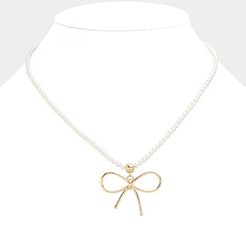Pearl Beaded Brass Metal Wire Bow Pendant Necklace