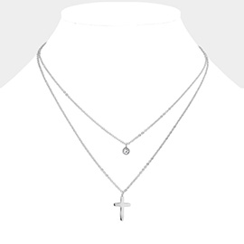 Round Stone Bezel Cross Pendant Pointed Stainless Steel Double Layered Necklace
