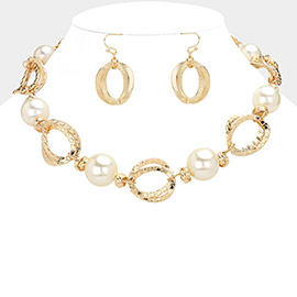 Textured Metal O Ring Pearl Link Necklace