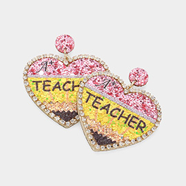 TEACHER Message Rhinestone Rim Glittered Heart Dangle Earrings