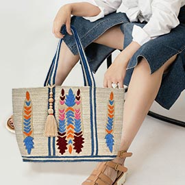 Handmade Aztec Embroidered Jute Tote Bag