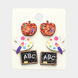 3Pairs - Glittered ABC Chalkboard 123 Apple Palette Stud Earrings