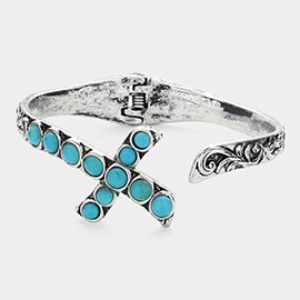 Round Turquoise Stone Embellished Western Metal Hinged Cuff Bracelet