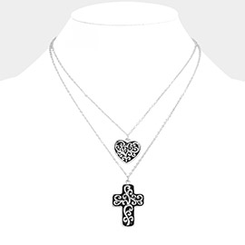 Antique Metal Heart Cross Pendant Layered Necklace