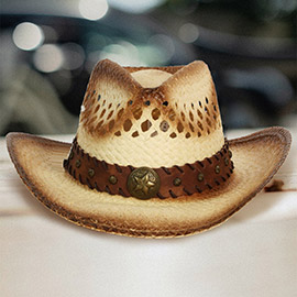 Vintage Metal Star Accented Faux Leather Band Open Weave Gradation Panama Cowboy Straw Hat