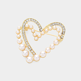 Pearl Stone Paved Open Heart Pin Brooch