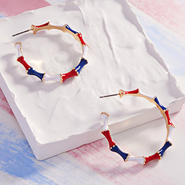 Enamel American USA Flag Bamboo Hoop Earrings