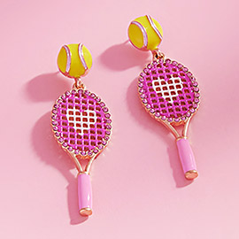 Stone Pointed Enamel Tennis Racket Dangle Hypoallergenic Earrings