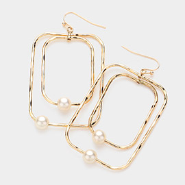 Pearl Pointed Hammered Metal Double Open Rectangle Dangle Earrings