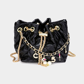 Enamel Charm Chain Pointed Faux Leather Pearl Pointed Chain Mini Bucket Bag