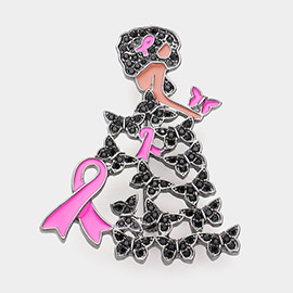 Enamel Metal Pink Ribbon Pointed Butterfly Cluster Dress Afro Girl Pin Brooch