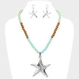 Hammered Metal Starfish Pendant Faceted Beads Wood Beaded Necklace