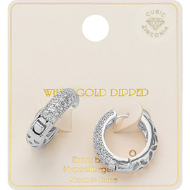 White Gold Dipped CZ Stone Paved Huggie Hoop Earrings