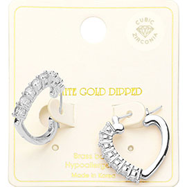 White Gold Dipped CZ Stone Paved Cupid Pin Catch Hoop Earrings