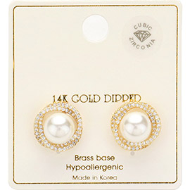 14K Gold Dipped CZ Stone Paved Rim Preppy Pearl Stud Earrings