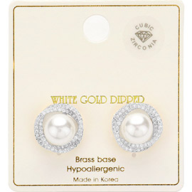 White Gold Dipped CZ Stone Paved Rim Preppy Pearl Stud Earrings
