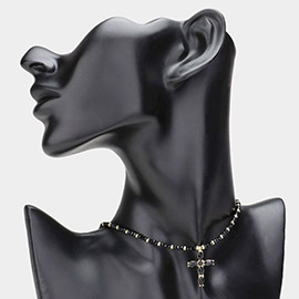 Marquise Stone Cluster Cross Pendant Beaded Choker Necklace