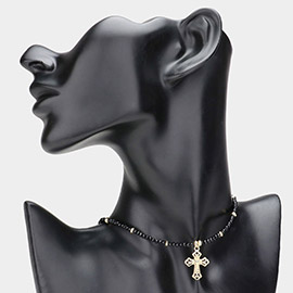 Heart Cross Pendant Beaded Choker Necklace