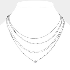 CZ Stone Bezel Pointed Multi Chain Layered Necklace