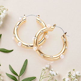 Pearl Paved Stone Embellished Hoop Pin Catch Earrings