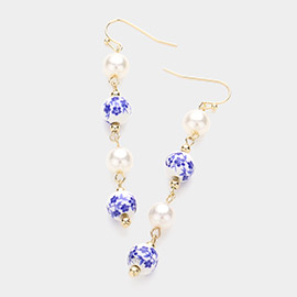 Blue Floral Pearl Beads Link Dropdown Earrings