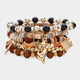 8PCS - Metal Angel Heart Lock Cat Charm Pointed Various Beaded Stretch Multi Layered Bracelets
