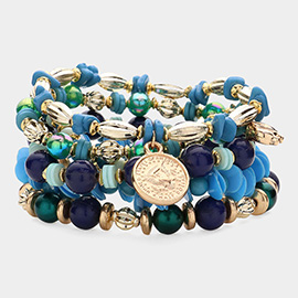 6PCS - Metal Elephant Shell Coin Charm Pointed Various Beads Beaded Stretch Multi Layered Bracelets