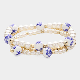 3PCS - Blue Floral Pearl Beaded Stretch Multi Layered Bracelets